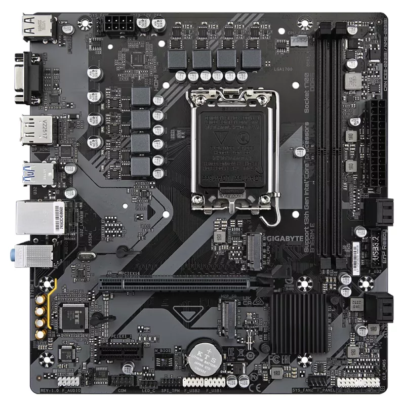 GIGABYTE B760M E emaplaat – toetab 14. põlvkonna Intel Core protsessoreid, 6+1+1 faasi VRM, kuni 7200 MHz DDR5 (OC), 2xPCIe 4.0 M.2, 1 GbE LAN, USB 3.2 Gen 1
