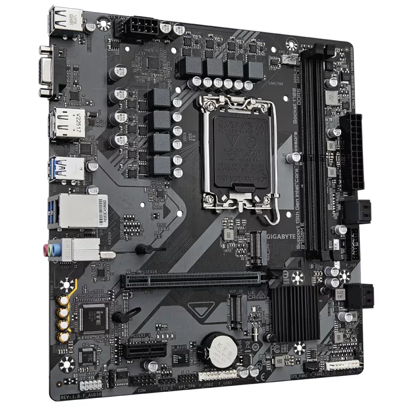 GIGABYTE B760M E emaplaat – toetab 14. põlvkonna Intel Core protsessoreid, 6+1+1 faasi VRM, kuni 7200 MHz DDR5 (OC), 2xPCIe 4.0 M.2, 1 GbE LAN, USB 3.2 Gen 1