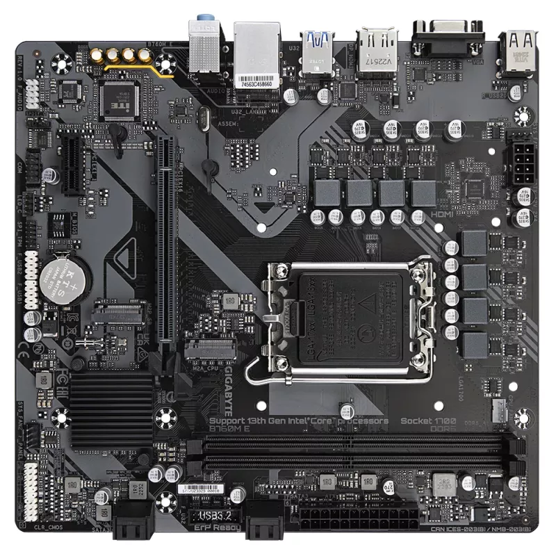 GIGABYTE B760M E emaplaat – toetab 14. põlvkonna Intel Core protsessoreid, 6+1+1 faasi VRM, kuni 7200 MHz DDR5 (OC), 2xPCIe 4.0 M.2, 1 GbE LAN, USB 3.2 Gen 1