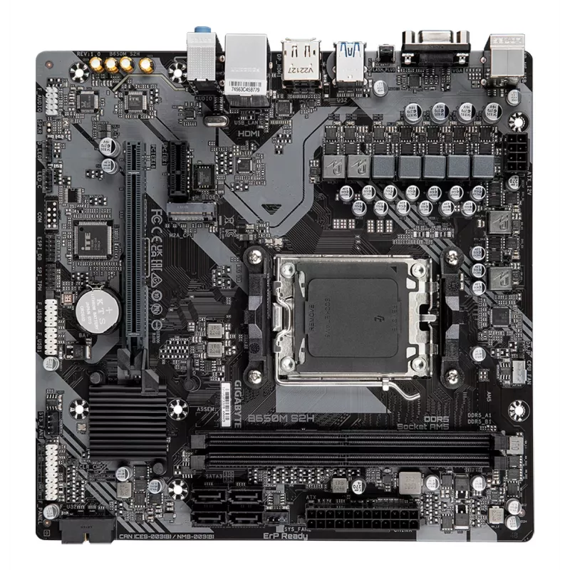 GIGABYTE B650M S2H emaplaat - AMD Ryzen 9000 seeria protsessorid, 5+2+2 faasi VRM, kuni 6400 MHz DDR5 (OC), 1x PCIe 4.0 M.2, GbE LAN, USB 3.2 Gen 1