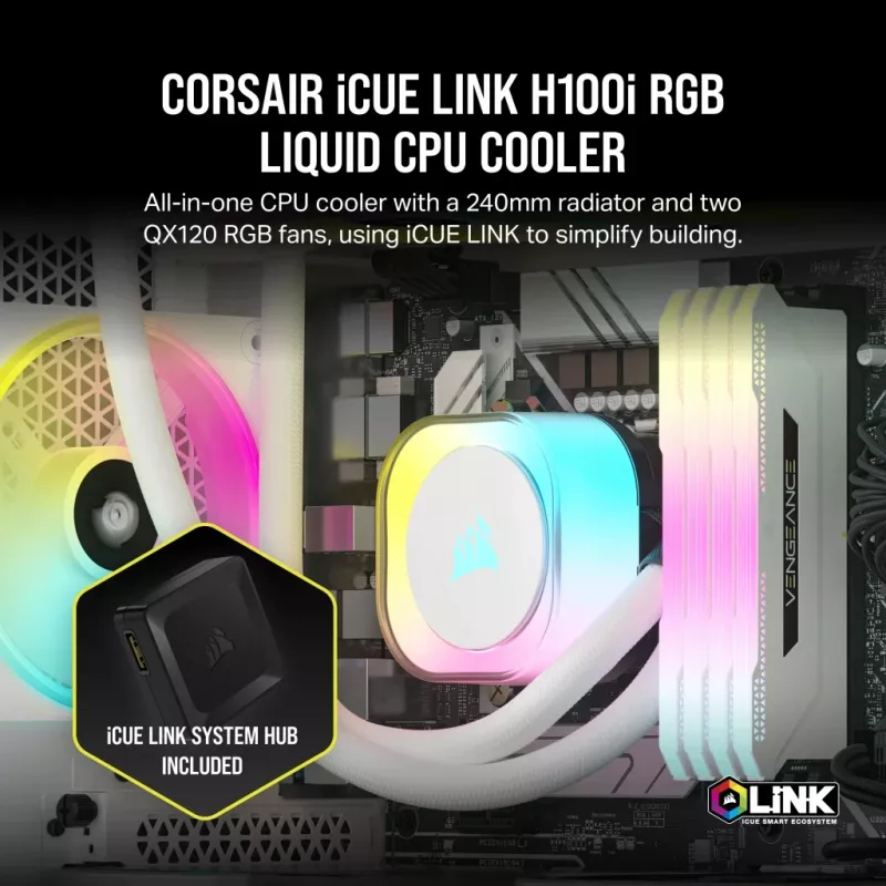CORSAIR CPU Cooler - Icue Link H100I RGB Aio Liquid Cooler - Valge
