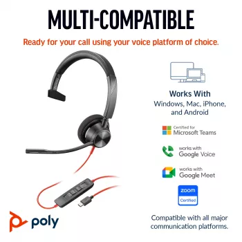 HP Poly Mustwire 3310 monofooniline peakomplekt USB-C-ga + USB-C/A adapter