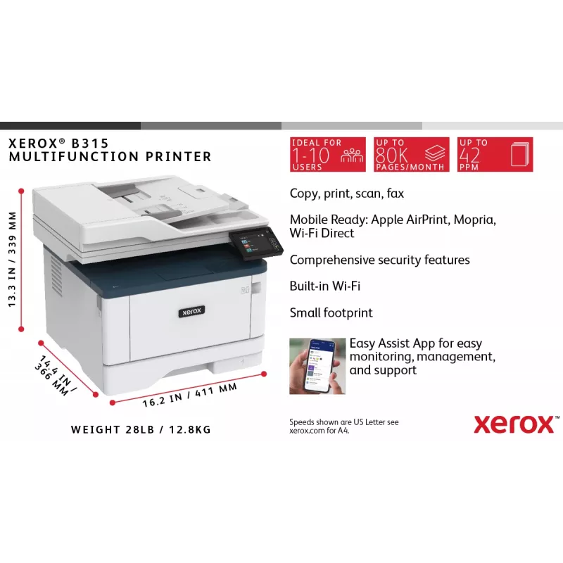 Xerox B315 A4 40ppm juhtmevaba dupleks koopia/prindi/skanni/faks PS3 PCL5e/6 2 salve 350 lehte