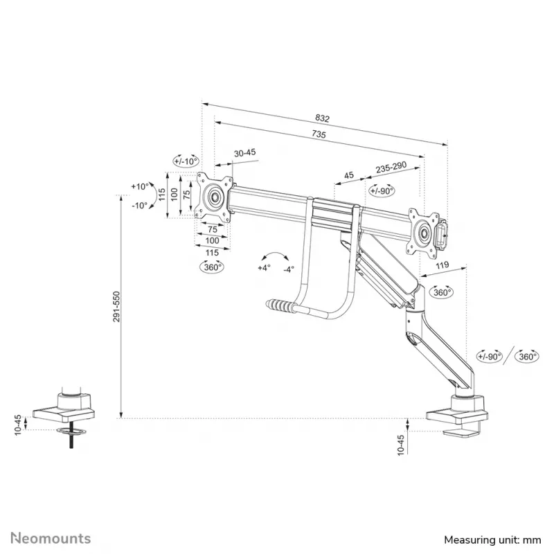 Neomounts DS75-450WH2 Monitori käsi 17-32 tolli - gaasivedru - Topfix - 180°-piirik