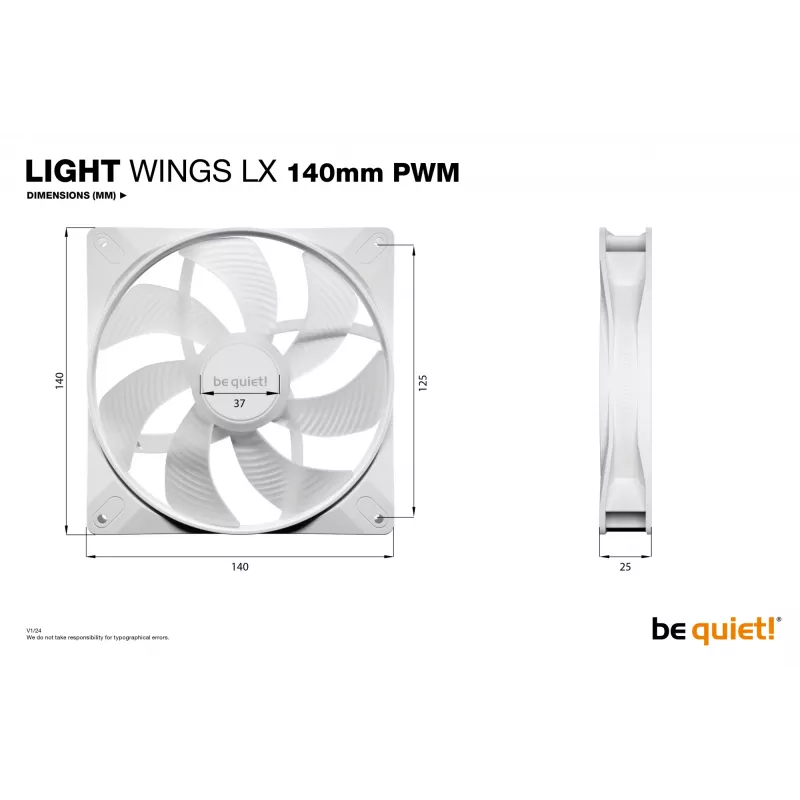 bequiet! LIGHT WINGS LX 140mm PWM 3-Pack White — 140×25 mm ventilaatorid, 1200 RPM, 95 m³/h, RGB LED-id