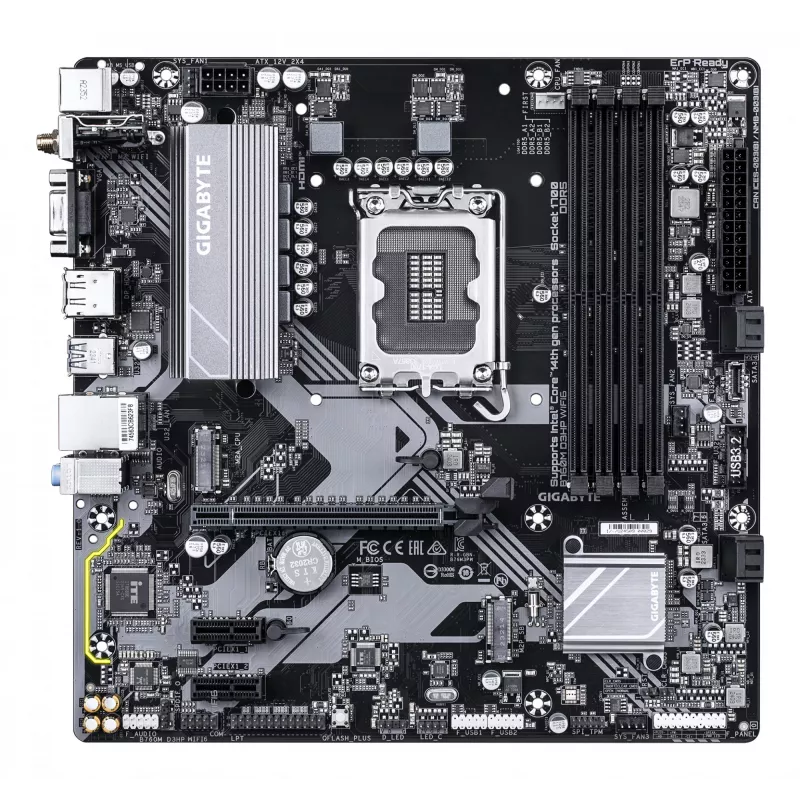 GIGABYTE B760M D3HP WIFI6 emaplaat – toetab Inteli 14. põlvkonna protsessoreid, 4+1+1 faasi digitaalne VRM, kuni 5600 MHz DDR5, 2xPCIe 4.0 M.2, Wi-Fi 6, GbE LAN, USB 3.2 Gen1