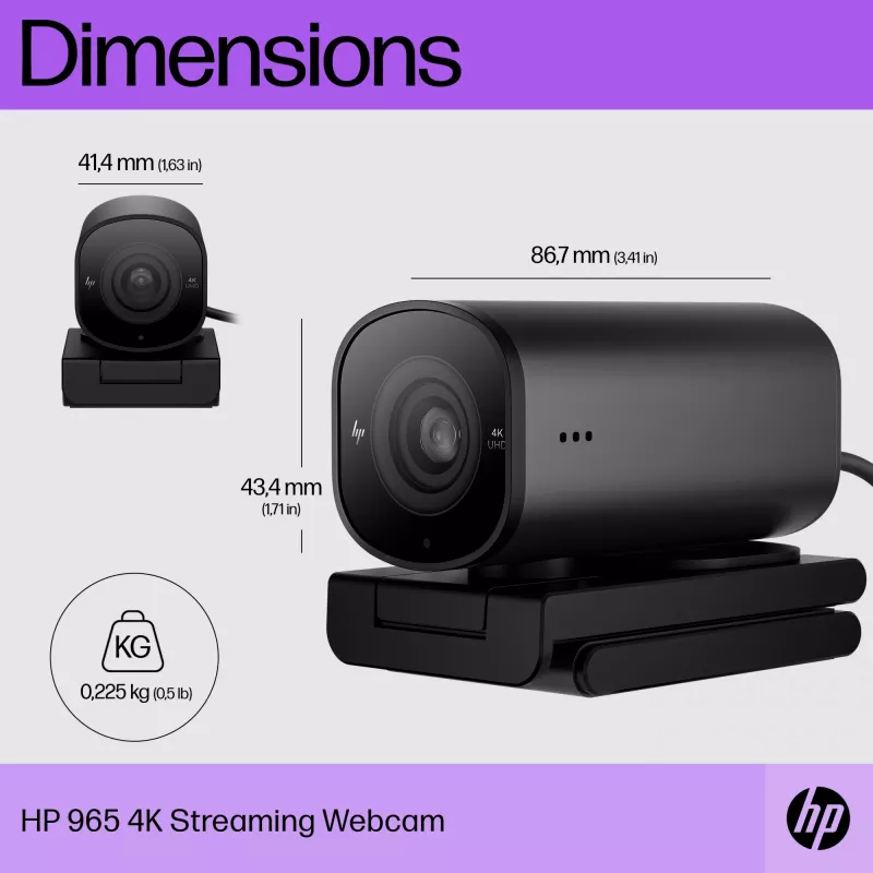 HP 965 4K voogedastuse veebikaamera, 8 MP, 3840 x 2160 pikslit, Full HD, 60 kaadrit sekundis, 1280x720@30fps, 1280x720@60fps, 1920x1080@30fps, 1920x1080@60fps, 3840x2160@30fps, USB