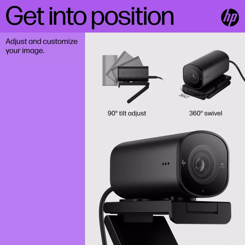 HP 965 4K voogedastuse veebikaamera, 8 MP, 3840 x 2160 pikslit, Full HD, 60 kaadrit sekundis, 1280x720@30fps, 1280x720@60fps, 1920x1080@30fps, 1920x1080@60fps, 3840x2160@30fps, USB