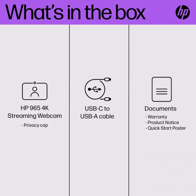 HP 965 4K voogedastuse veebikaamera, 8 MP, 3840 x 2160 pikslit, Full HD, 60 kaadrit sekundis, 1280x720@30fps, 1280x720@60fps, 1920x1080@30fps, 1920x1080@60fps, 3840x2160@30fps, USB