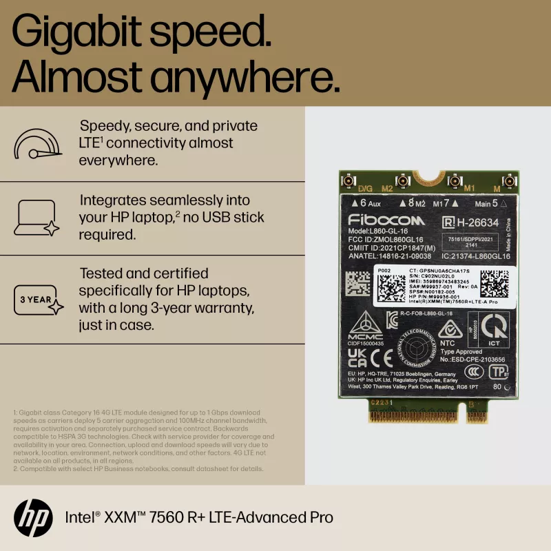 HP XMM 7560 R+ LTE-Advanced Pro WWAN, Hiina, Äri, -20 - 65 °C, -40 - 85 °C, Windows 10, Windows 11, 42 mm