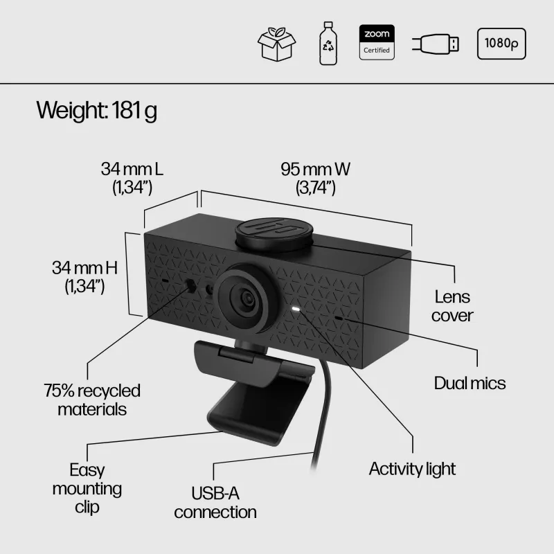 HP 620 FHD veebikaamera, 4 MP, 1920 x 1080 pikslit, Full HD, 60 kaadrit sekundis, 720p, 1080p, 5x