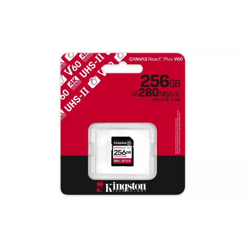 Kingston Technology 256GB Canvas React Plus SDXC UHS-II 280R/150W U3 V60 Full HD/4K jaoks
