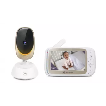 Videokaamera Motorola VM85 CONNECT — 5-tolline TFT-ekraan, 480×272, ulatus 300 m, 2× digitaalne suum, 2,4 GHz Wi‑Fi/FHSS, kahesuunaline heli, valge
