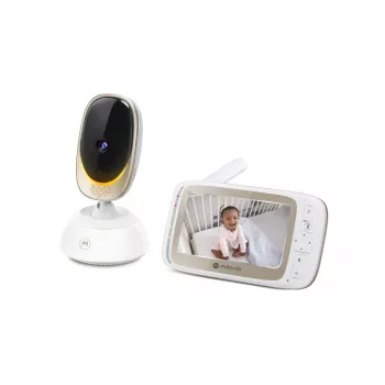 Videokaamera Motorola VM85 CONNECT — 5-tolline TFT-ekraan, 480×272, ulatus 300 m, 2× digitaalne suum, 2,4 GHz Wi‑Fi/FHSS, kahesuunaline heli, valge