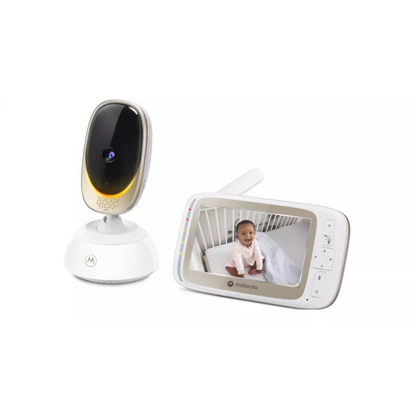 Videokaamera Motorola VM85 CONNECT — 5-tolline TFT-ekraan, 480×272, ulatus 300 m, 2× digitaalne suum, 2,4 GHz Wi‑Fi/FHSS, kahesuunaline heli, valge