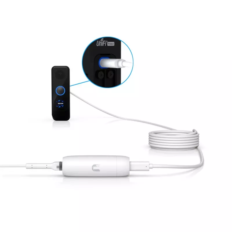 PoE adapter UBIQUITI UACC-ADAPTER-POE-USBC — 48V sisend, 5V 0,25A väljund, kompaktne 30,4×30,4×95mm, valge