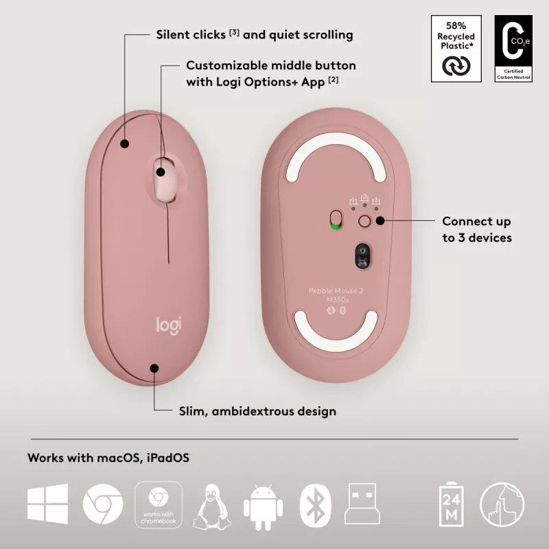 Logitech Pebble 2 Combo juhtmeta klaviatuur ja hiir roosa QWERTY