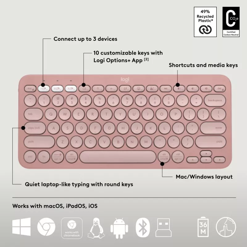 Logitech Pebble 2 Combo juhtmeta klaviatuur ja hiir roosa QWERTY
