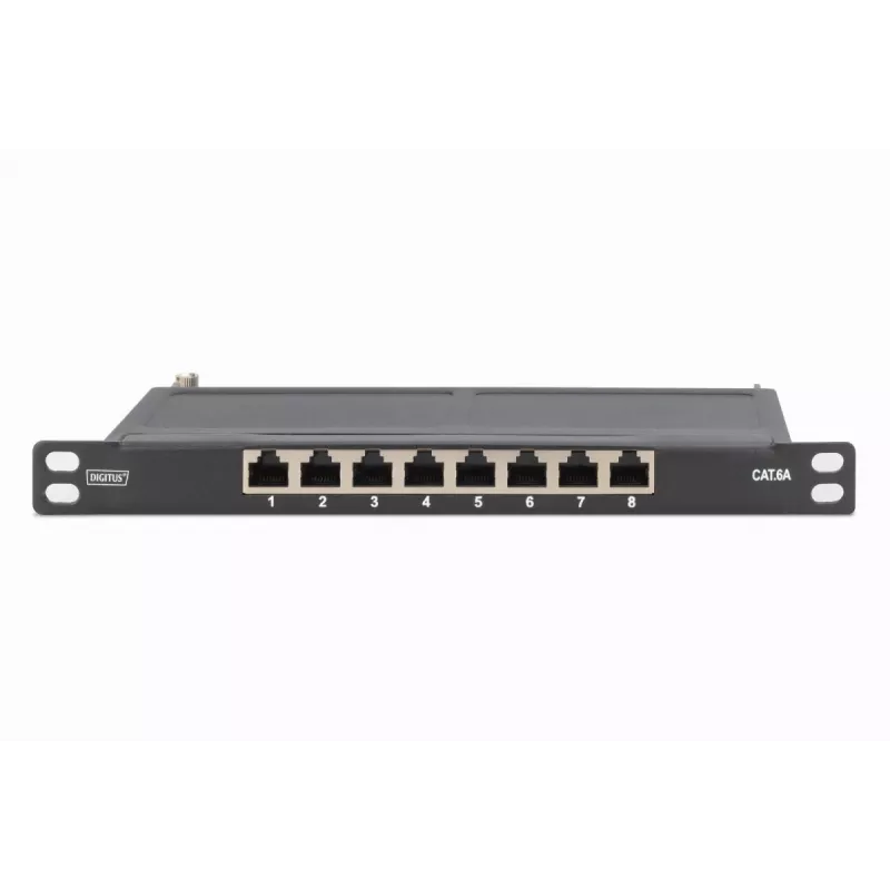 DIGITUS patch-paneel CAT6A varjestatud, 8 porti, 1/2U, 10-tolline riiulipaigaldus, must, RAL 9005