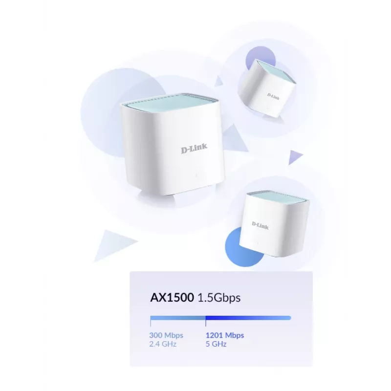 D-Link EAGLE PRO AI AX1500 Mesh System - 3 komplekt, valge, sisemine, Mesh süsteem, toide, olek, 500 m², kaheribaline (2,4 GHz / 5 GHz)
