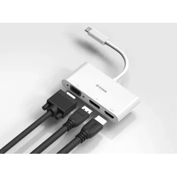 D-Link 3-in-1 USB-C to HDMI/VGA/DisplayPort Adapter, Wired, USB 3.2 Gen 1 (3.1 Gen 1) USB-C, Valge, CE, FCC, IC, RCM, DC, 0.04 A