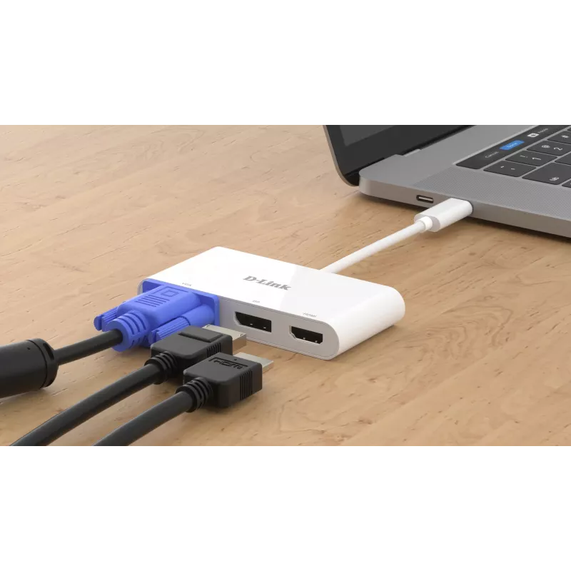 D-Link 3-in-1 USB-C to HDMI/VGA/DisplayPort Adapter, Wired, USB 3.2 Gen 1 (3.1 Gen 1) USB-C, Valge, CE, FCC, IC, RCM, DC, 0.04 A