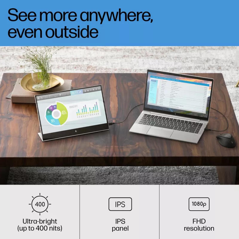 HP E-Series E14 G4 kaasaskantav monitor, 35,6 cm (14 tolli), 1920 x 1080 pikslit, Full HD, LCD, 5 ms, hõbedane
