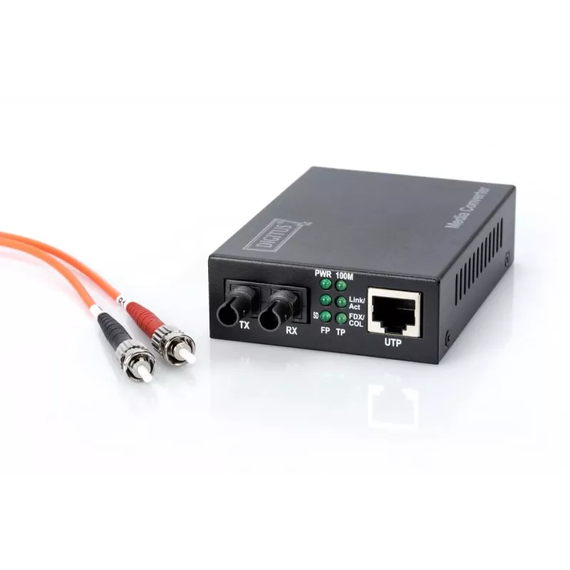DIGITUS meediumimuundur, mitmerežiimiline 10/100Base-TX 100Base-FX-le, sisaldab toiteplokki, ST-pistik, kuni 2 km