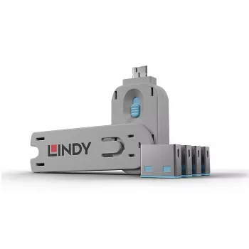 Lindy USB-pordi blokeerija - 4 tk pakend, Värvikood: Sinine, Pordi blokeerija + võti, USB A-tüüp, Sinine, Akrüülnitriilbutadieenstüreen (ABS), 5 tk, Kilekott