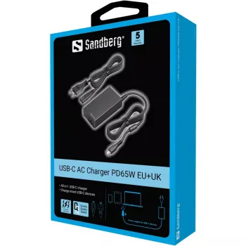 Sandberg USB-C vahelduvvoolulaadur PD65W EU+UK, universaalne, siseruumidesse, 230 V, 65 W, vahelduvvoolust alalisvooluks, must