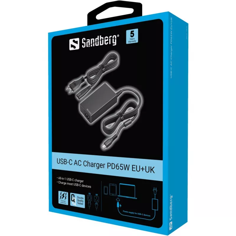 Sandberg USB-C vahelduvvoolulaadur PD65W EU+UK, universaalne, siseruumidesse, 230 V, 65 W, vahelduvvoolust alalisvooluks, must