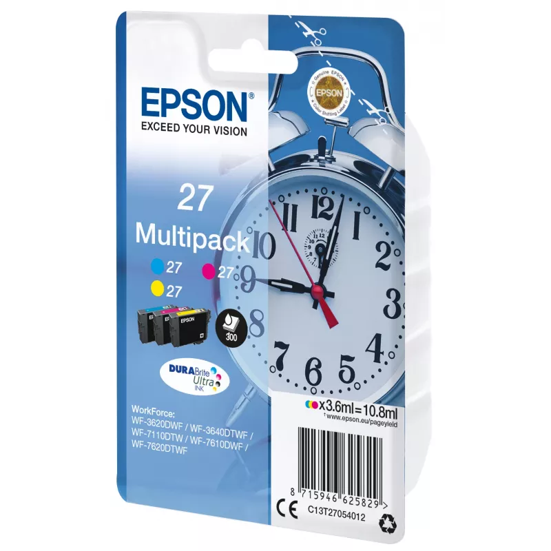 Epson Alarm kell Multipack 3-värvi 27 DURABrite Ultra tint, standardne saagis, tsüaan, magenta, kollane, pigmendipõhine tint, 3,6 ml, 1 tk, multipakk