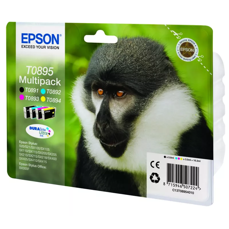 Epsoni Monkey mitmikpakend 4 värvi T0895 DURABrite Ultra tint, must, tsüaan, magenta, kollane, 5,8 ml, 3,5 ml, 1 tk, mitmikpakend