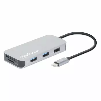 Manhattan USB-C dokkimisjaam/jaotur kaardilugejaga, pordid (x6): Ethernet, HDMI, USB-A (x3) ja USB-C, USB-toiteedastus (100 W) USB-C pordile (märkus: lisaks on vaja USB-C seinlaadijat ja USB-C kaablit), universaalne kõikidele seadmetele, kaabel 15 cm, alumiinium, hõbedane
