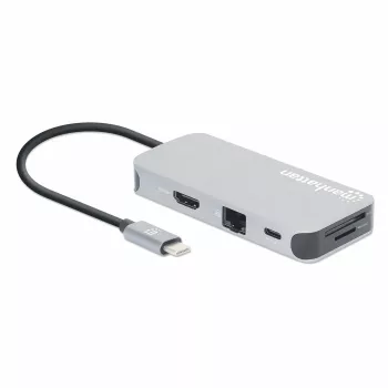 Manhattan USB-C dokkimisjaam/jaotur kaardilugejaga, pordid (x6): Ethernet, HDMI, USB-A (x3) ja USB-C, USB-toiteedastus (100 W) USB-C pordile (märkus: lisaks on vaja USB-C seinlaadijat ja USB-C kaablit), universaalne kõikidele seadmetele, kaabel 15 cm, alumiinium, hõbedane