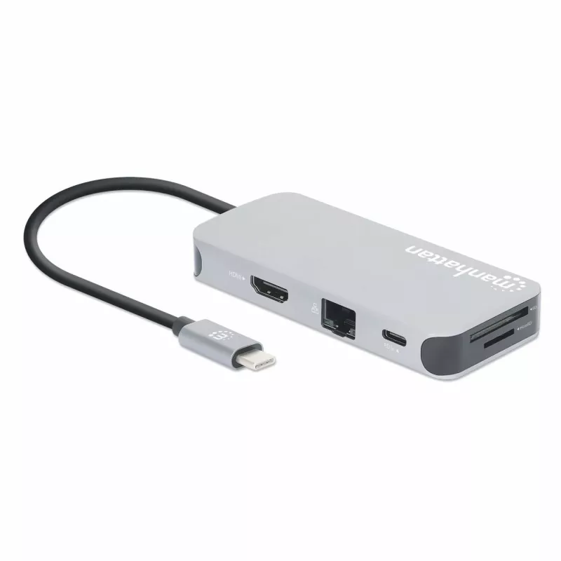 Manhattan USB-C dokkimisjaam/jaotur kaardilugejaga, pordid (x6): Ethernet, HDMI, USB-A (x3) ja USB-C, USB-toiteedastus (100 W) USB-C pordile (märkus: lisaks on vaja USB-C seinlaadijat ja USB-C kaablit), universaalne kõikidele seadmetele, kaabel 15 cm, alumiinium, hõbedane