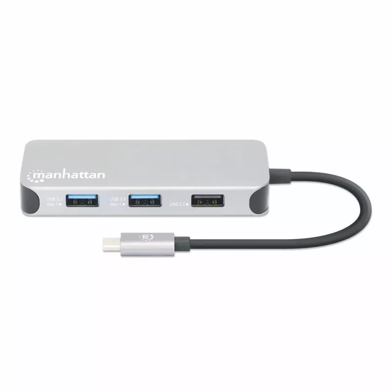 Manhattan USB-C dokkimisjaam/jaotur kaardilugejaga, pordid (x6): Ethernet, HDMI, USB-A (x3) ja USB-C, USB-toiteedastus (100 W) USB-C pordile (märkus: lisaks on vaja USB-C seinlaadijat ja USB-C kaablit), universaalne kõikidele seadmetele, kaabel 15 cm, alumiinium, hõbedane