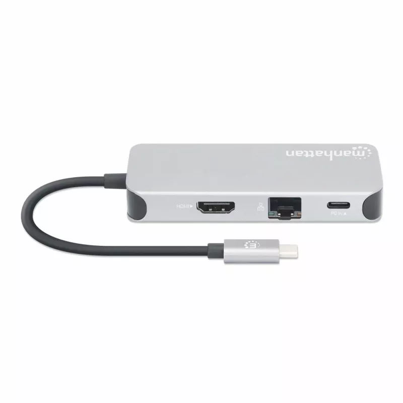 Manhattan USB-C dokkimisjaam/jaotur kaardilugejaga, pordid (x6): Ethernet, HDMI, USB-A (x3) ja USB-C, USB-toiteedastus (100 W) USB-C pordile (märkus: lisaks on vaja USB-C seinlaadijat ja USB-C kaablit), universaalne kõikidele seadmetele, kaabel 15 cm, alumiinium, hõbedane