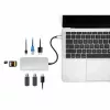 Manhattan USB-C dokkimisjaam/jaotur kaardilugejaga, pordid (x6): Ethernet, HDMI, USB-A (x3) ja USB-C, USB-toiteedastus (100 W) USB-C pordile (märkus: lisaks on vaja USB-C seinlaadijat ja USB-C kaablit), universaalne kõikidele seadmetele, kaabel 15 cm, alumiinium, hõbedane