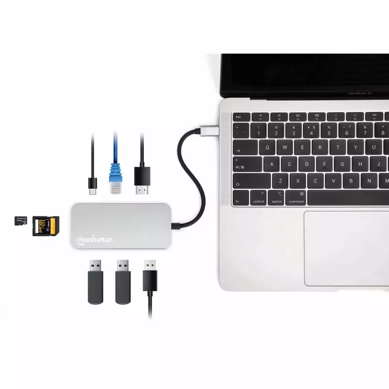 Manhattan USB-C dokkimisjaam/jaotur kaardilugejaga, pordid (x6): Ethernet, HDMI, USB-A (x3) ja USB-C, USB-toiteedastus (100 W) USB-C pordile (märkus: lisaks on vaja USB-C seinlaadijat ja USB-C kaablit), universaalne kõikidele seadmetele, kaabel 15 cm, alumiinium, hõbedane