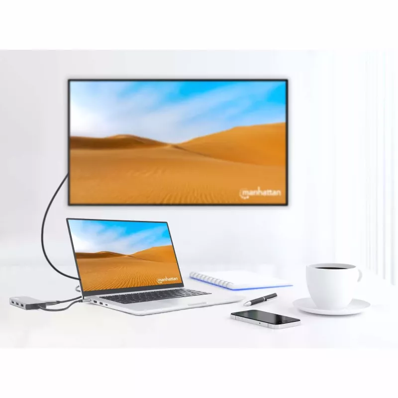 Manhattan USB-C dokkimisjaam/jaotur kaardilugejaga, pordid (x6): Ethernet, HDMI, USB-A (x3) ja USB-C, USB-toiteedastus (100 W) USB-C pordile (märkus: lisaks on vaja USB-C seinlaadijat ja USB-C kaablit), universaalne kõikidele seadmetele, kaabel 15 cm, alumiinium, hõbedane