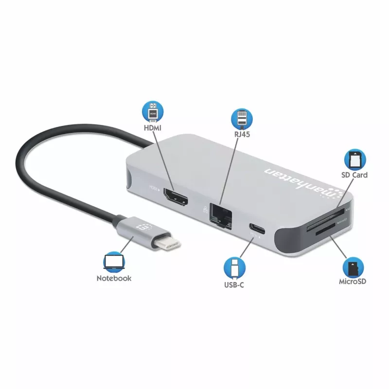 Manhattan USB-C dokkimisjaam/jaotur kaardilugejaga, pordid (x6): Ethernet, HDMI, USB-A (x3) ja USB-C, USB-toiteedastus (100 W) USB-C pordile (märkus: lisaks on vaja USB-C seinlaadijat ja USB-C kaablit), universaalne kõikidele seadmetele, kaabel 15 cm, alumiinium, hõbedane