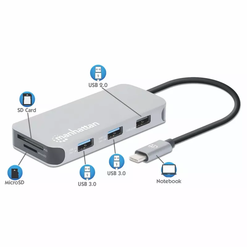 Manhattan USB-C dokkimisjaam/jaotur kaardilugejaga, pordid (x6): Ethernet, HDMI, USB-A (x3) ja USB-C, USB-toiteedastus (100 W) USB-C pordile (märkus: lisaks on vaja USB-C seinlaadijat ja USB-C kaablit), universaalne kõikidele seadmetele, kaabel 15 cm, alumiinium, hõbedane