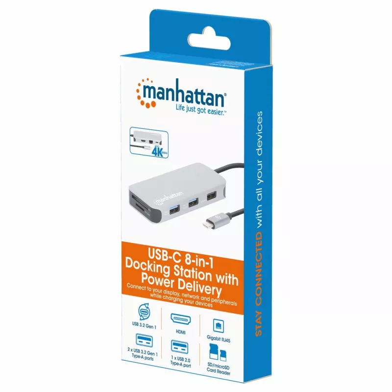 Manhattan USB-C dokkimisjaam/jaotur kaardilugejaga, pordid (x6): Ethernet, HDMI, USB-A (x3) ja USB-C, USB-toiteedastus (100 W) USB-C pordile (märkus: lisaks on vaja USB-C seinlaadijat ja USB-C kaablit), universaalne kõikidele seadmetele, kaabel 15 cm, alumiinium, hõbedane