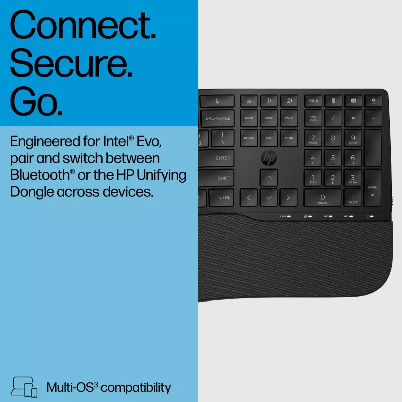 HP 685 Comfort Dual-Mode klaviatuur, QWERTY, täissuuruses (100%), juhtmevaba, RF-juhtmevaba + Bluetooth, membraan, QWERTY, must