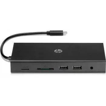 USB-C Multi Port Hub HP Travel – HP 1C1Y5AA, USB-C host, HDMI 2.0, VGA, 1×RJ-45, 2×USB-A 3.2 Gen1, 2×USB 2.0, MicroSD lugeja, must