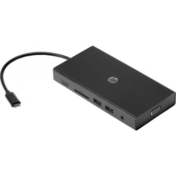 USB-C Multi Port Hub HP Travel – HP 1C1Y5AA, USB-C host, HDMI 2.0, VGA, 1×RJ-45, 2×USB-A 3.2 Gen1, 2×USB 2.0, MicroSD lugeja, must