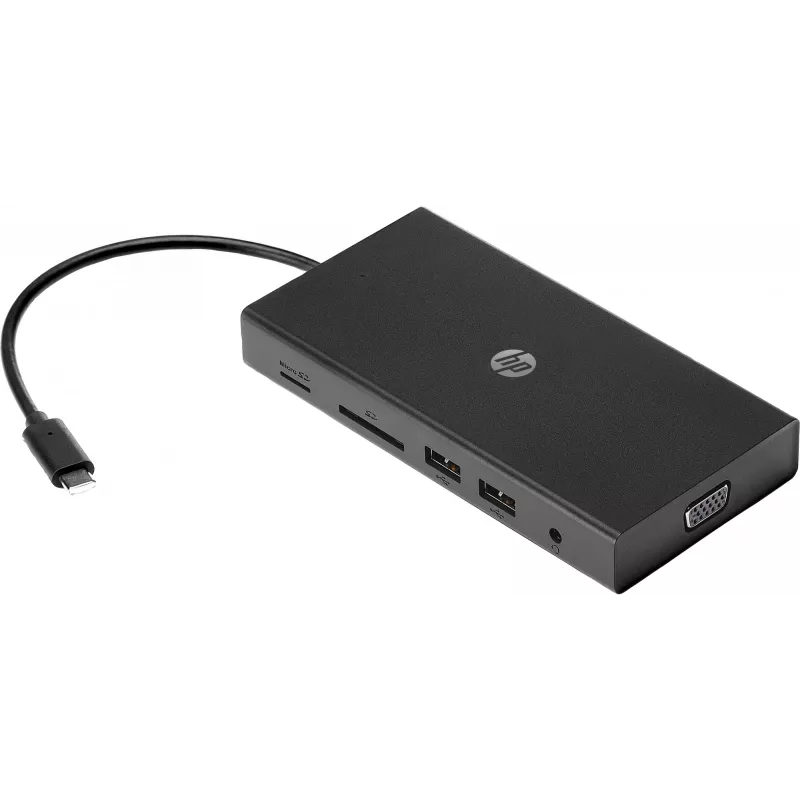 USB-C Multi Port Hub HP Travel – HP 1C1Y5AA, USB-C host, HDMI 2.0, VGA, 1×RJ-45, 2×USB-A 3.2 Gen1, 2×USB 2.0, MicroSD lugeja, must