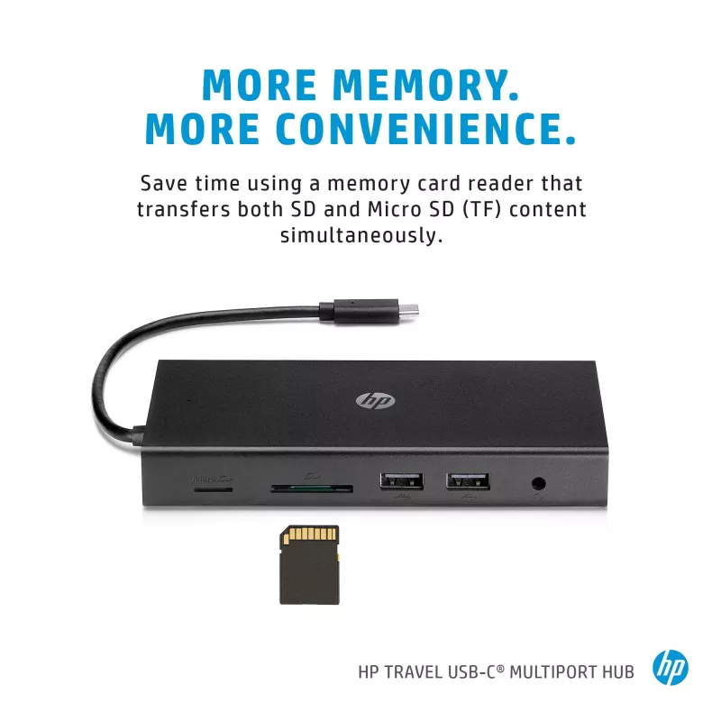 USB-C Multi Port Hub HP Travel – HP 1C1Y5AA, USB-C host, HDMI 2.0, VGA, 1×RJ-45, 2×USB-A 3.2 Gen1, 2×USB 2.0, MicroSD lugeja, must