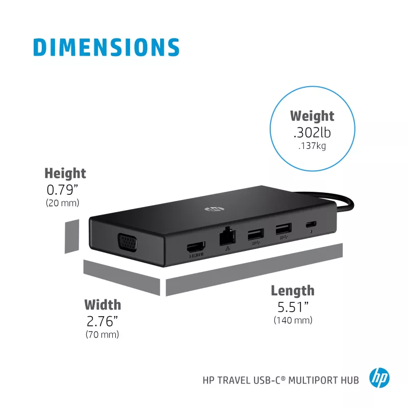 USB-C Multi Port Hub HP Travel – HP 1C1Y5AA, USB-C host, HDMI 2.0, VGA, 1×RJ-45, 2×USB-A 3.2 Gen1, 2×USB 2.0, MicroSD lugeja, must